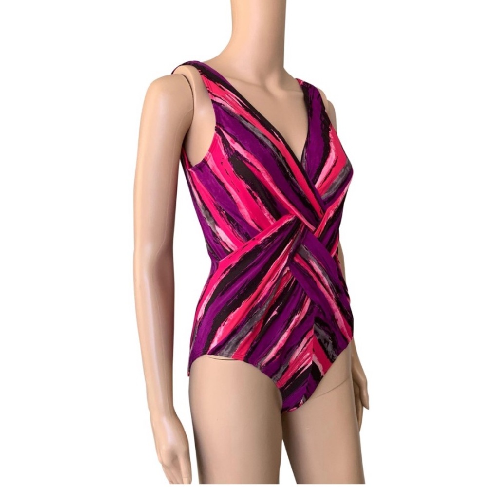 Carmen Marc Valvo Pink and Purple Striped One-Piece Swimsuit